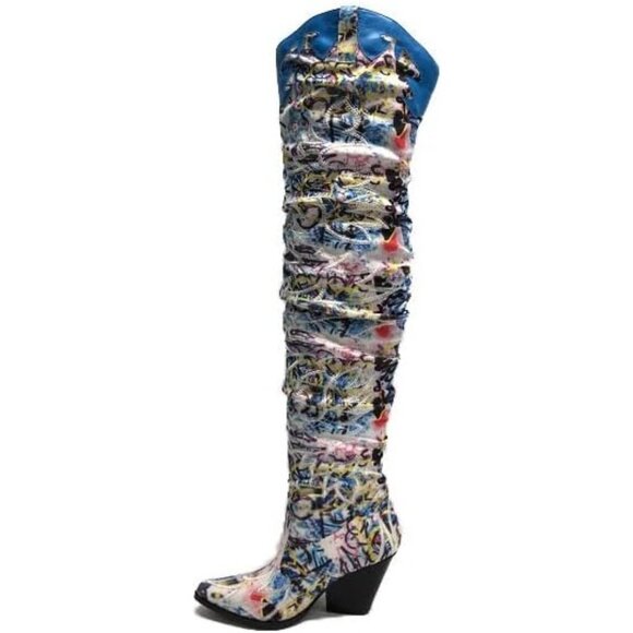 Women Blue Multi Fabric Thigh High Over The Knee Pointed Toe Chunky Heels Boot - Picture 1 of 4